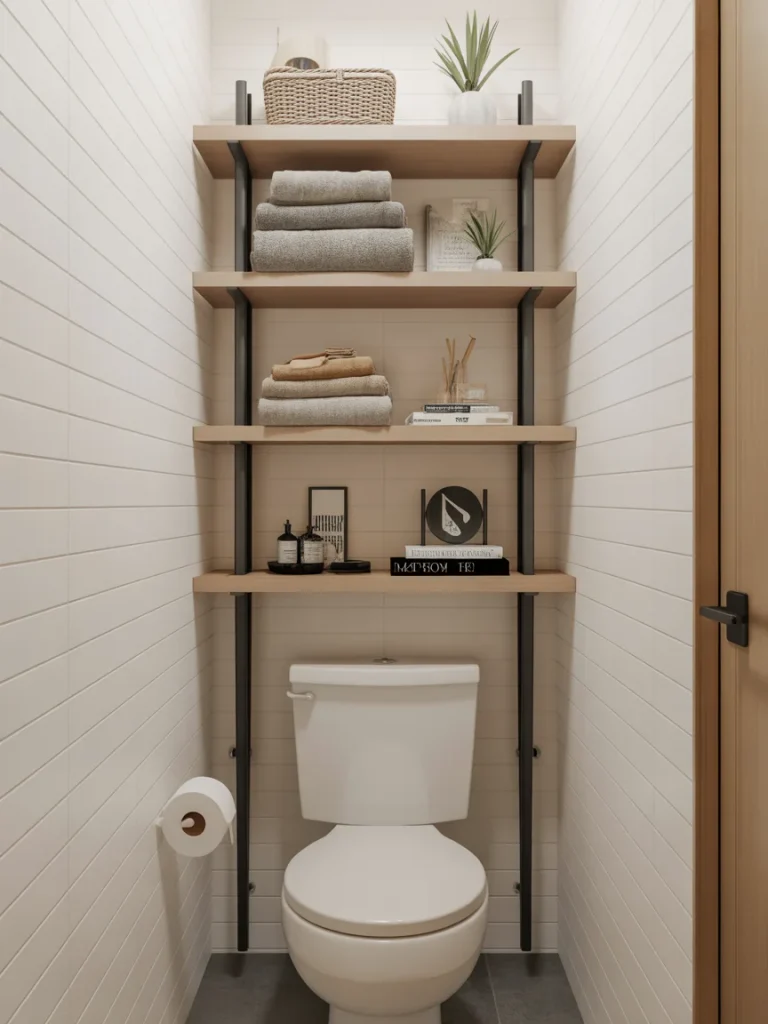 Over-the-toilet shelving unit in a small bathroom with wooden shelves, black metal supports, folded towels, plants, and storage baskets arranged above a white toilet.