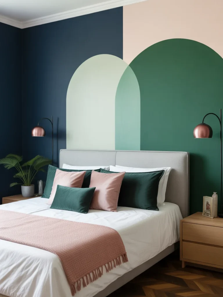Modern bedroom with a bold geometric paint accent wall in navy, green, and blush tones.