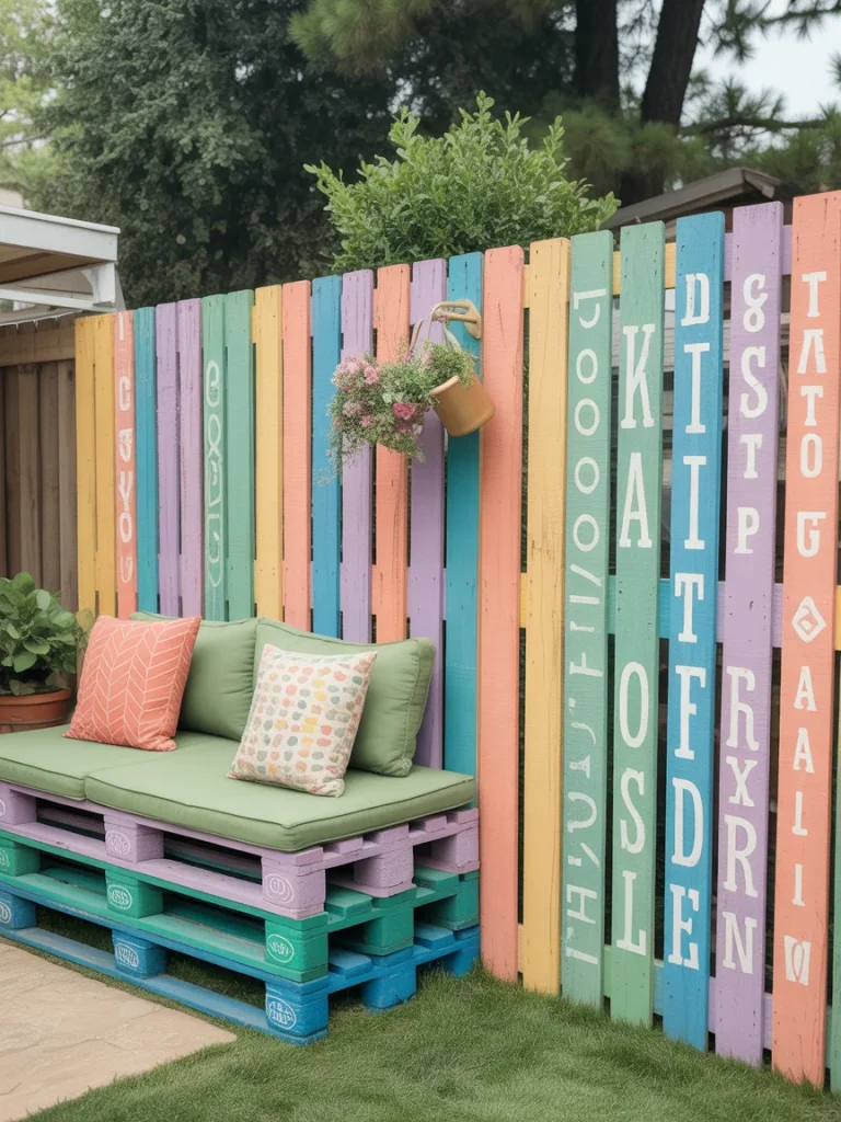 Colorful painted pallet fence with decorative letters and a matching pallet bench with cushions.