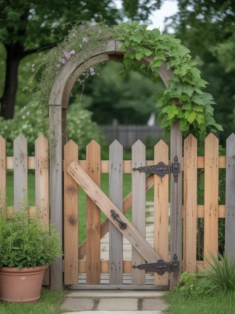 Rustic wooden pallet fence gate with an arched trellis covered in greenery and flowers.