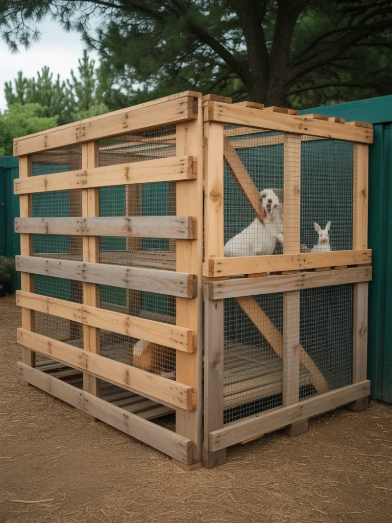 Sturdy wooden pallet fence enclosure for small pets or livestock with wire mesh panels.