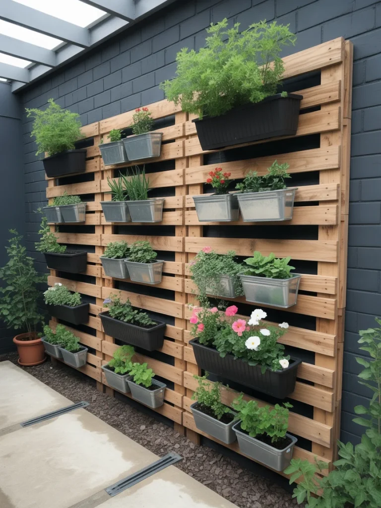 Wooden pallet fence with built-in planters filled with herbs and flowers against a dark wall.