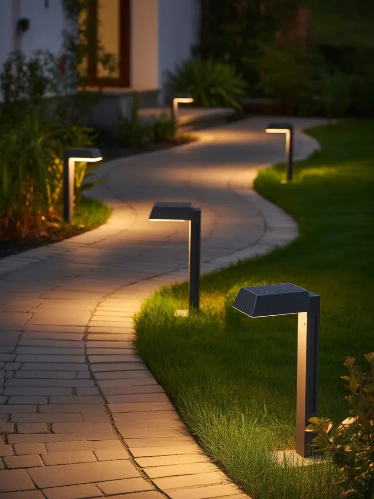 Modern pathway lighting illuminating a curved stone walkway through a garden at night.