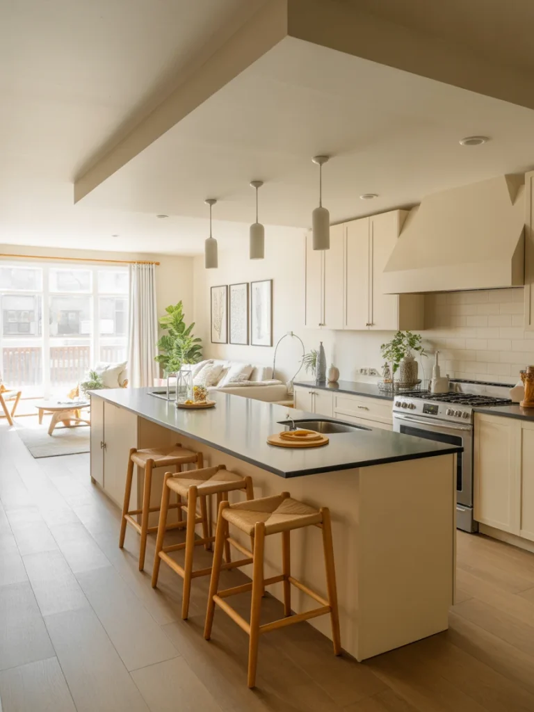 Modern open-concept kitchen with a long island, wooden stools, warm neutral cabinetry, and seamless flow into the living area.