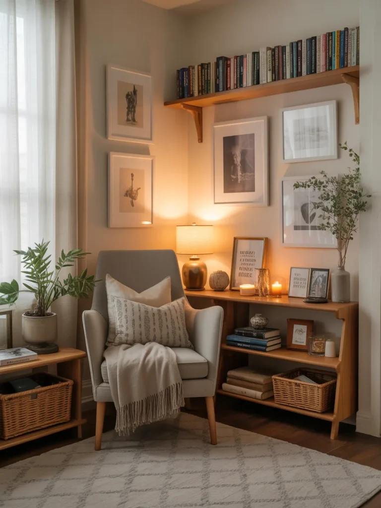 Cozy reading nook with an accent chair, warm lighting, framed artwork, bookshelves, candles, and personal decor.