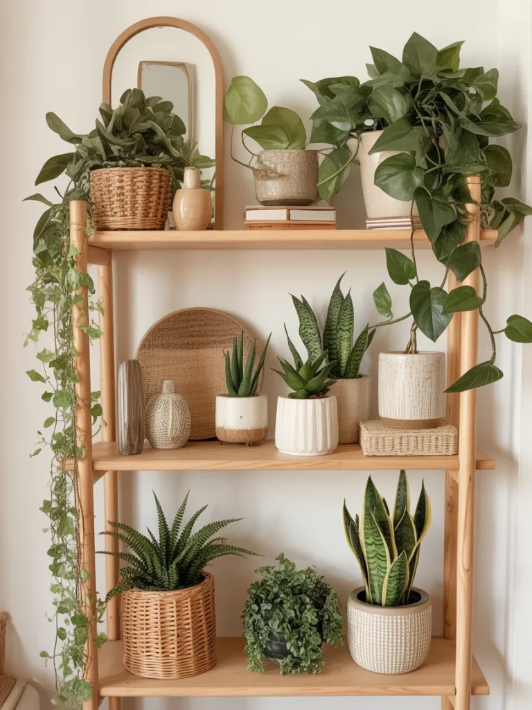 Boho wooden shelf decorated with various indoor plants in woven and ceramic pots, including pothos, snake plants, and ferns, styled with natural textures and earthy tones.