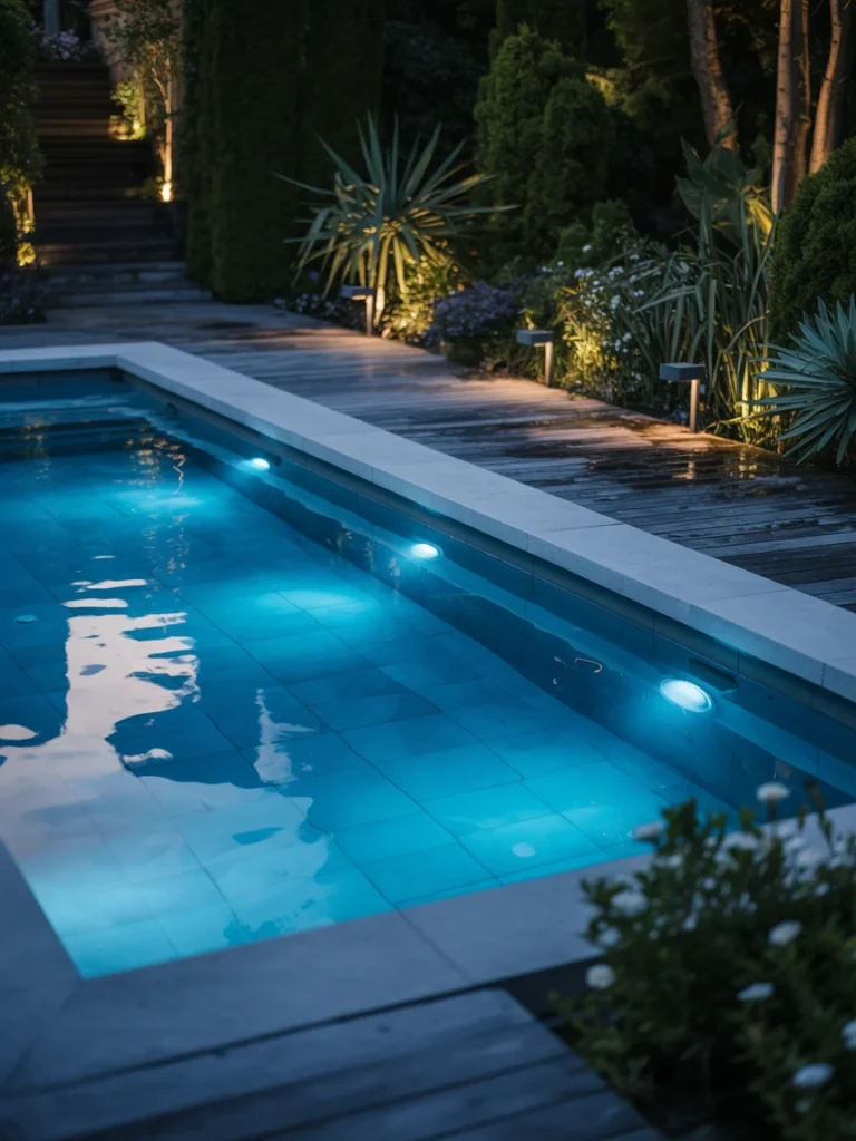 Modern backyard pool illuminated with underwater and landscape lights at night.