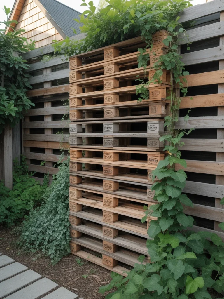 Stacked wooden pallet privacy fence with climbing plants and natural greenery.