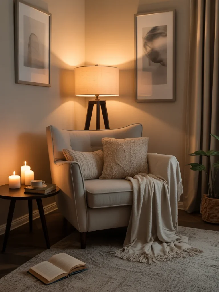 Cozy adult reading nook with armchair, warm lighting, candles, and soft neutral decor