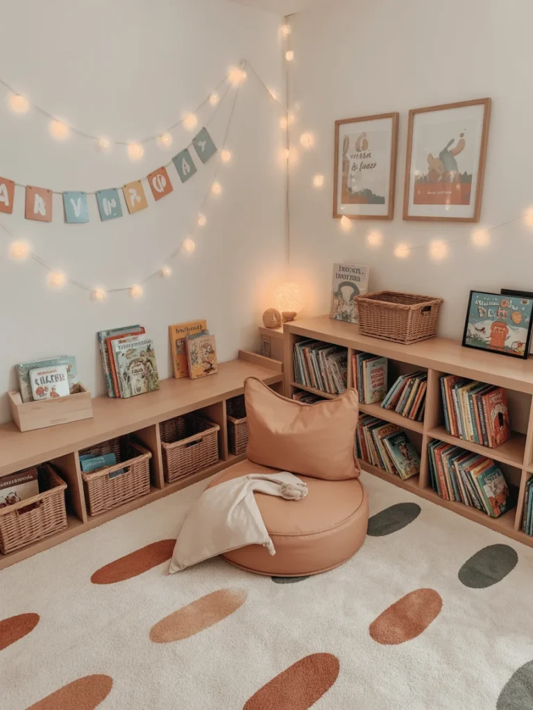 Cozy kids reading nook with bookshelves, floor cushion, string lights, and organized baskets