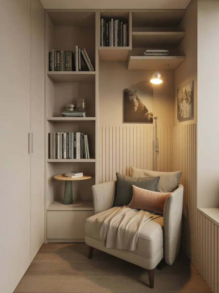 Cozy small-space reading nook with built-in shelves, armchair, throw blanket, and warm lighting