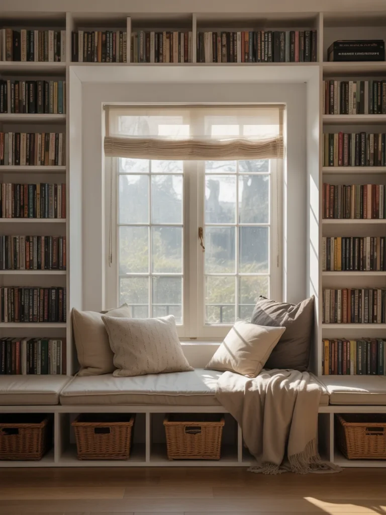Cozy reading nook with built-in bookshelves, window seat, pillows, and woven storage baskets