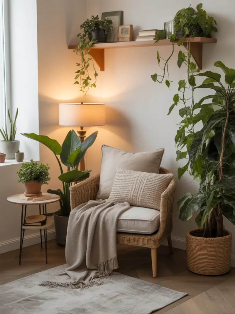 Cozy reading nook with indoor plants, woven chair, soft blankets, and warm lamp lighting