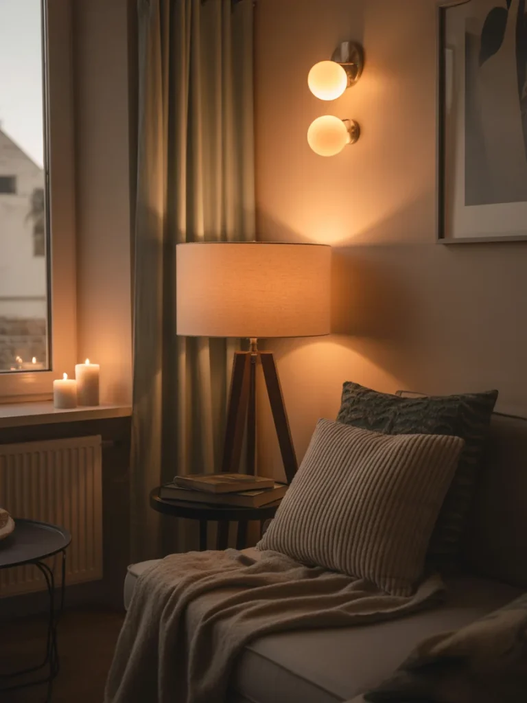 Cozy reading nook with warm ambient lighting, floor lamp, wall sconces, and candles beside a cushioned seat