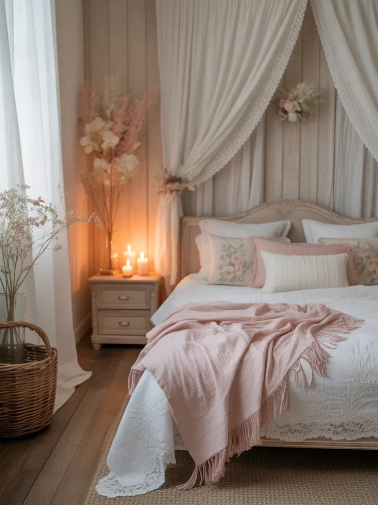 Romantic farmhouse bedroom with lace canopy and soft pink accents.
