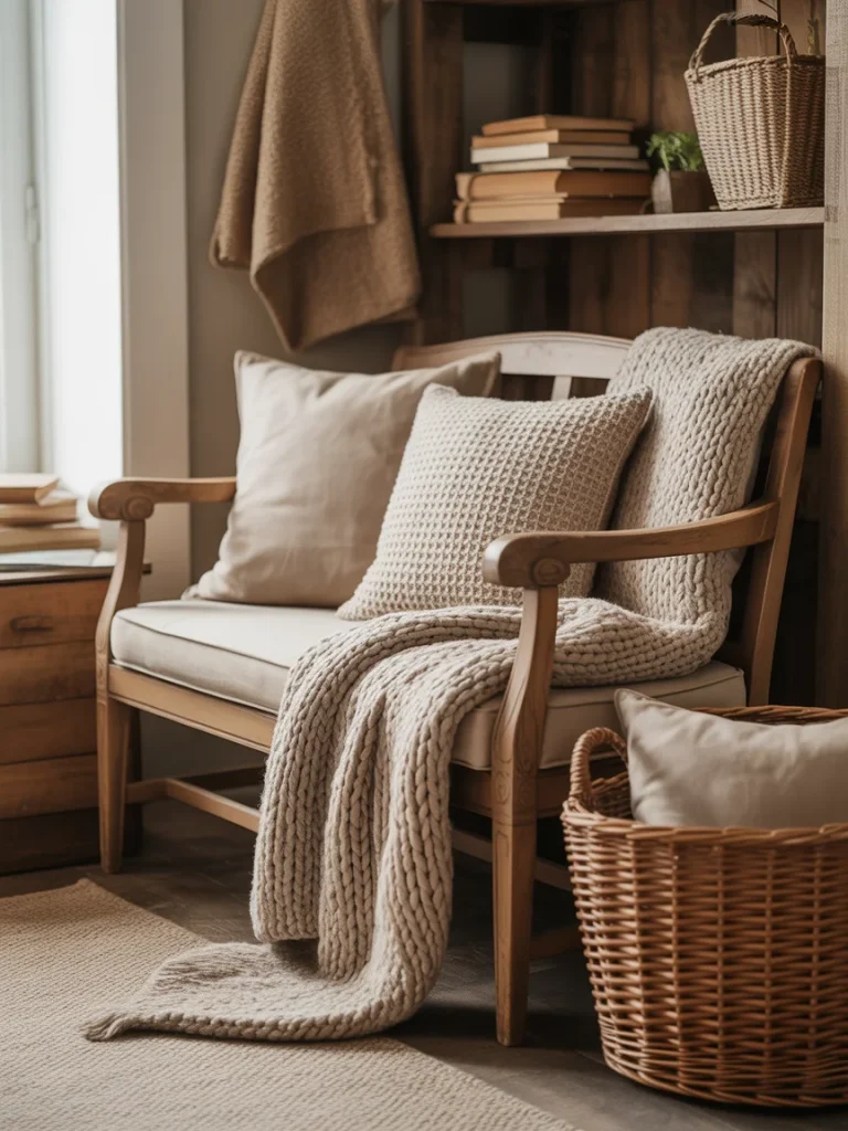 Rustic farmhouse reading nook with wooden bench, knit blanket, neutral pillows, and woven basket