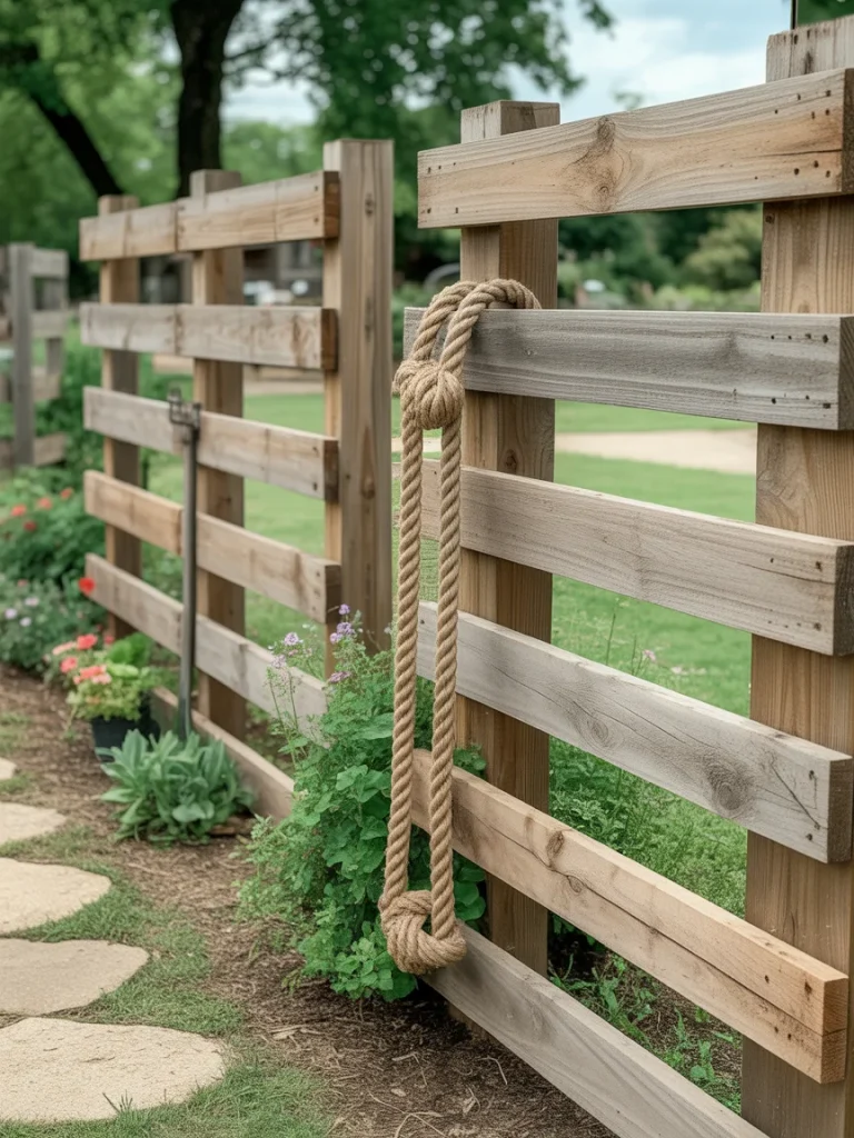 Rustic wooden pallet fence with rope detail and garden pathway for a farmhouse-style yard.