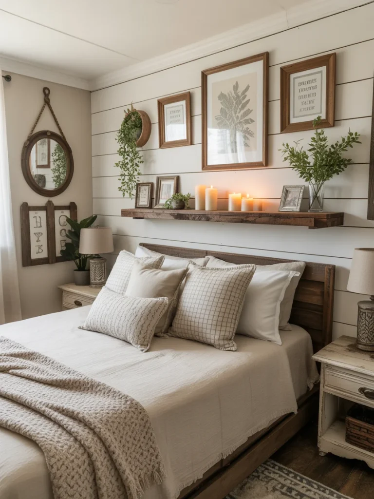 Farmhouse bedroom with rustic wall decor and nature-inspired artwork.