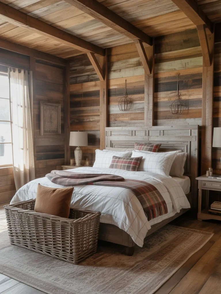 Rustic farmhouse bedroom with wood-paneled walls and cozy plaid accents.