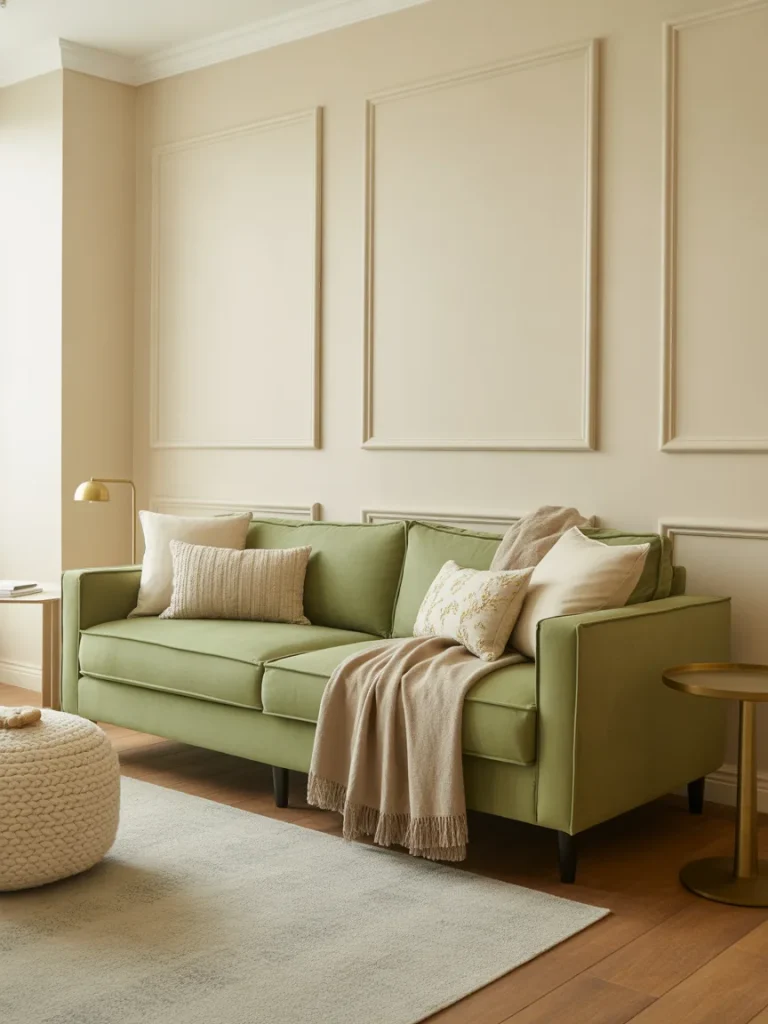 Sage green sofa in a neutral-toned living room with elegant wall paneling.