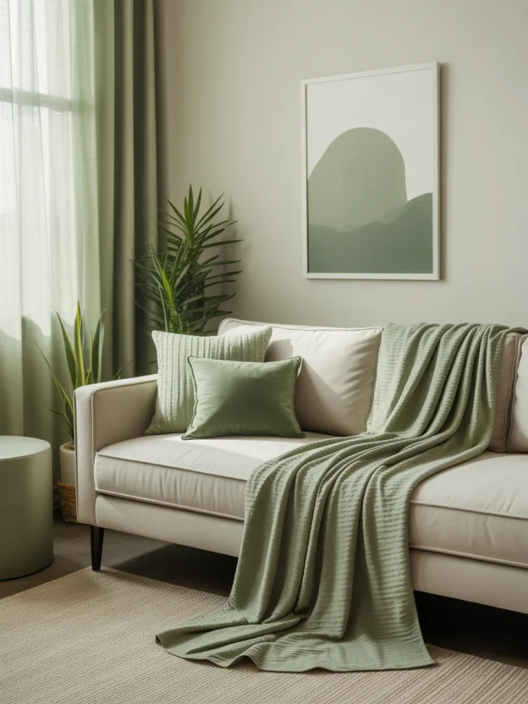 Neutral living room with sage green textiles and minimalist decor.