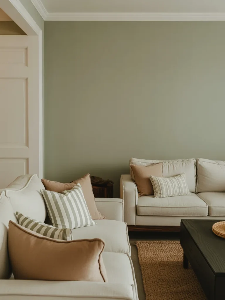 Living room with sage green walls, neutral sofas, and striped pillows.
