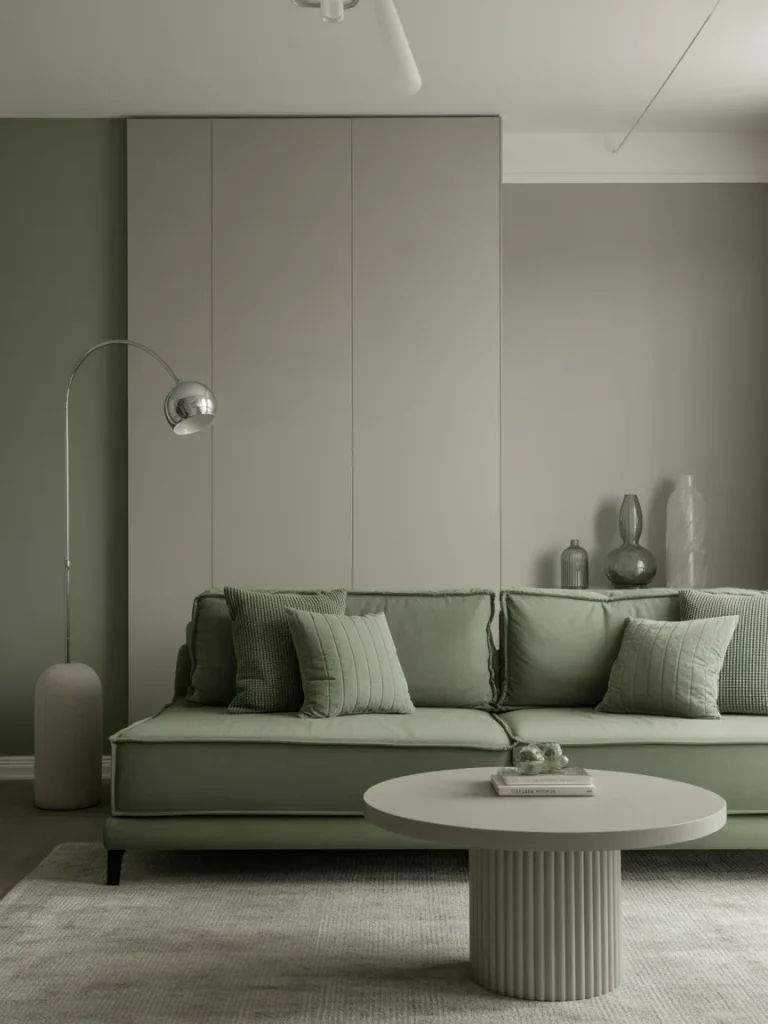 Modern living room with sage green and gray color palette.