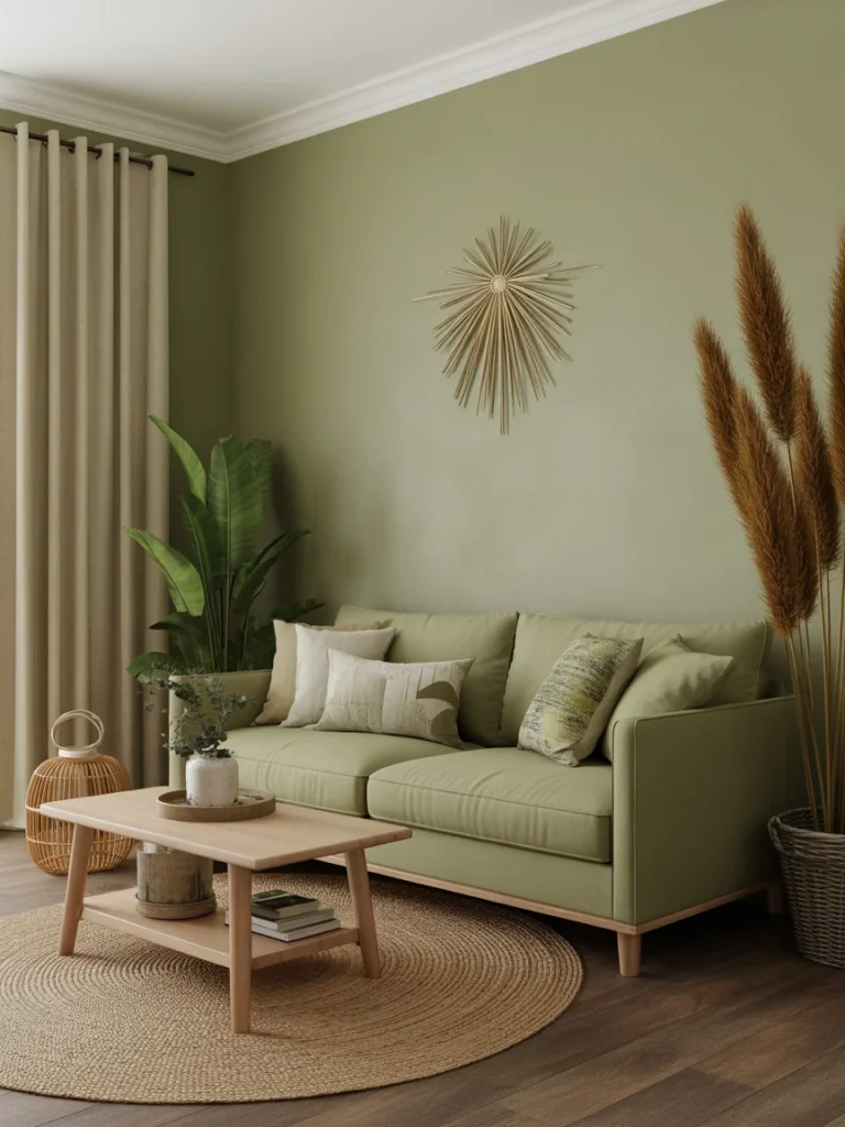 Sage green living room with natural wood furniture and cozy neutral decor.