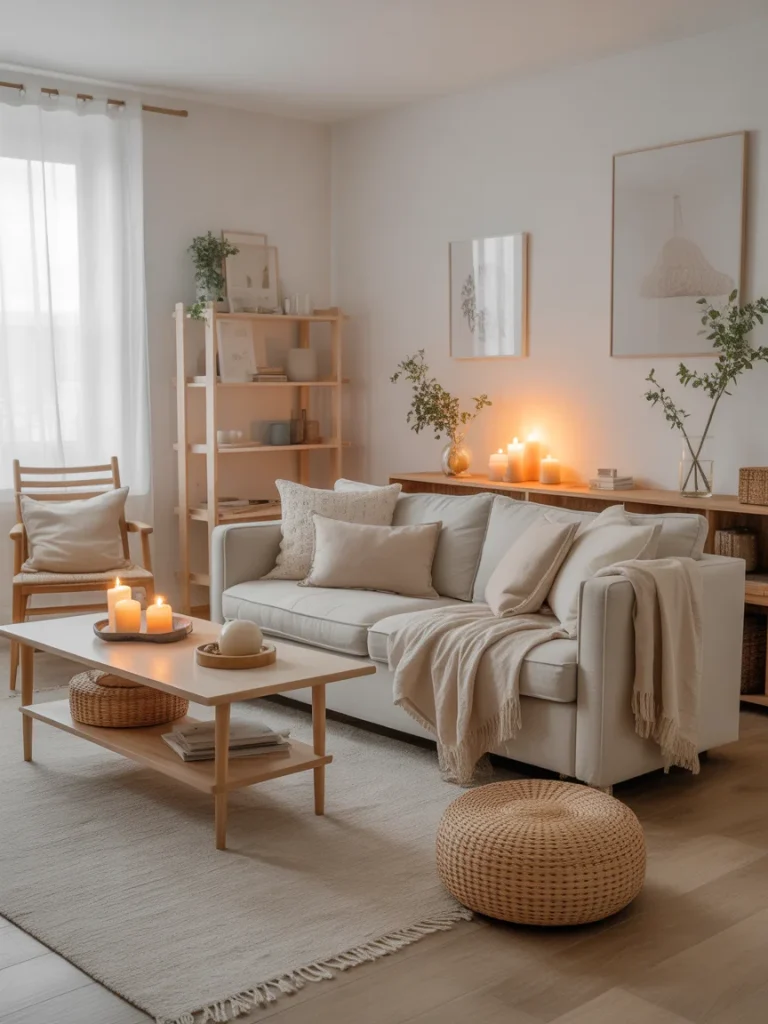 Minimalist Scandinavian living room with warm neutral tones and cozy decor.