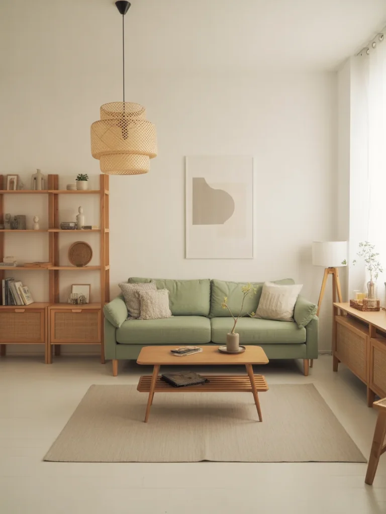 Scandinavian-inspired living room with sage green sofa and natural wood furniture.