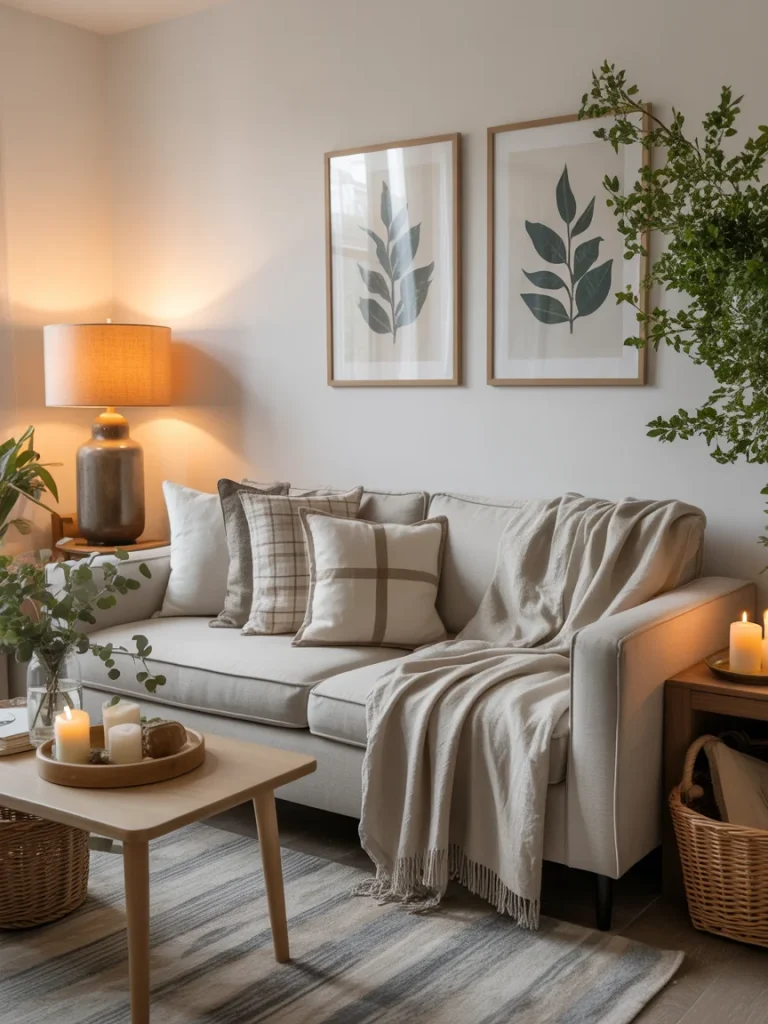 Warm living room decorated with candles, greenery, and neutral tones.