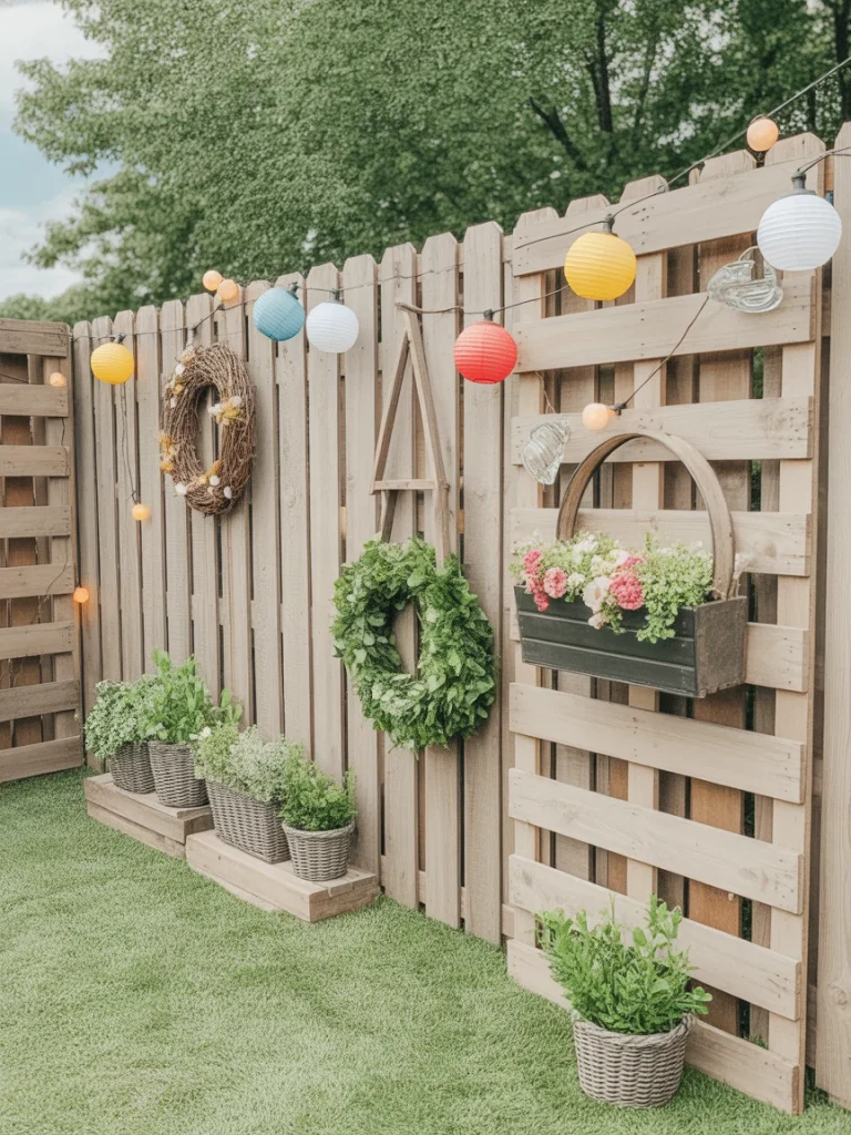 Rustic pallet fence decorated with colorful hanging lanterns, wreaths, and potted plants.