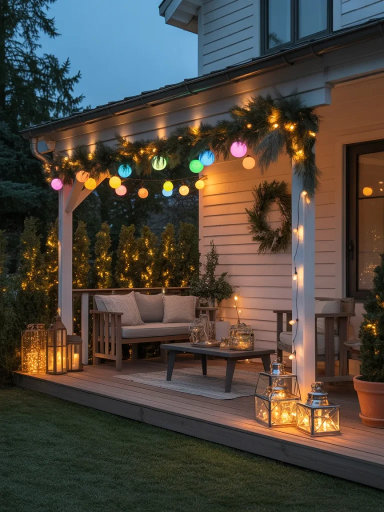 Cozy front porch decorated with colorful string lights and festive lanterns.