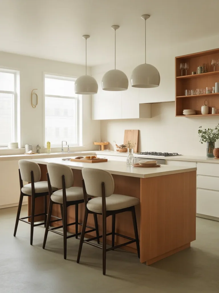 Modern kitchen with a light wood island, three cushioned bar stools, and globe pendant lights.