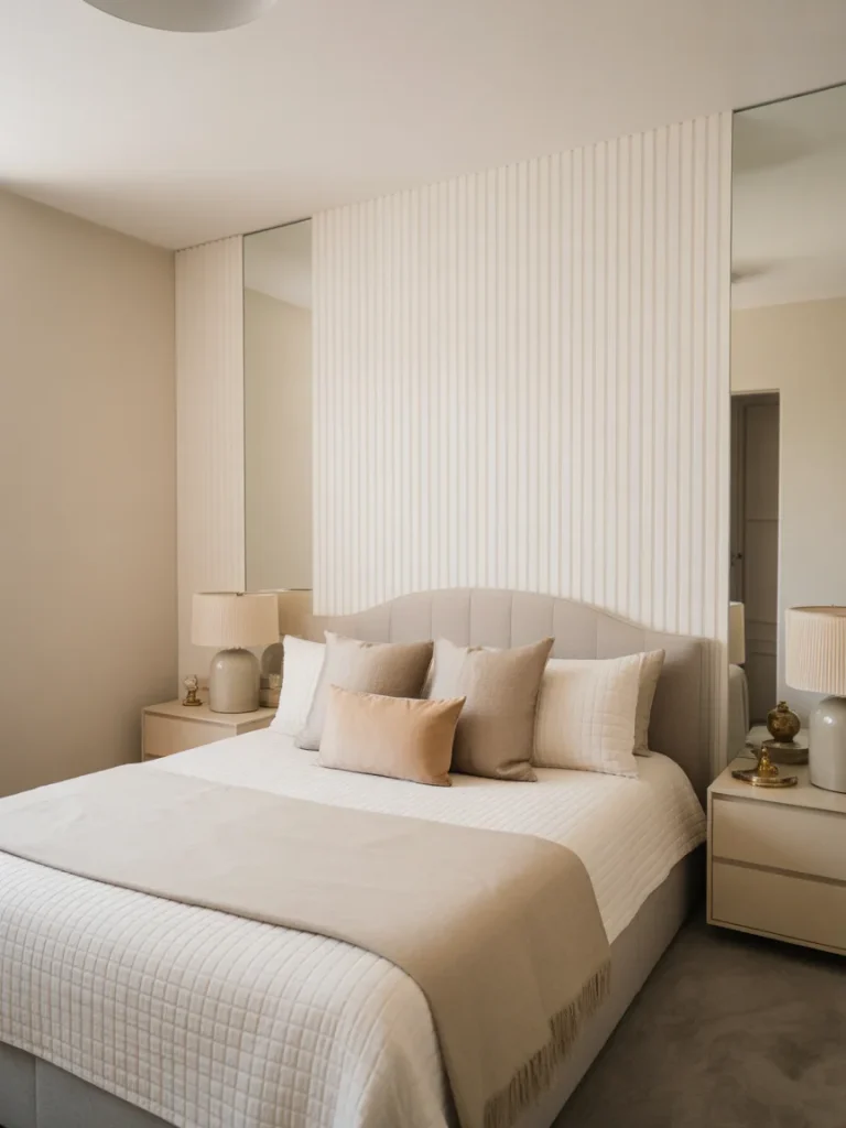 Small bedroom with a vertical panel accent wall in soft beige tones.