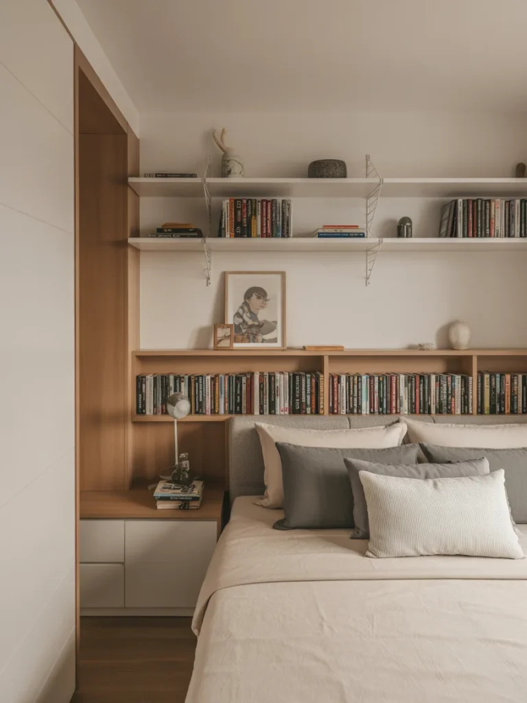 Small bedroom with built-in bookshelf behind the bed and floating shelves above, styled with books, decor, and neutral bedding.