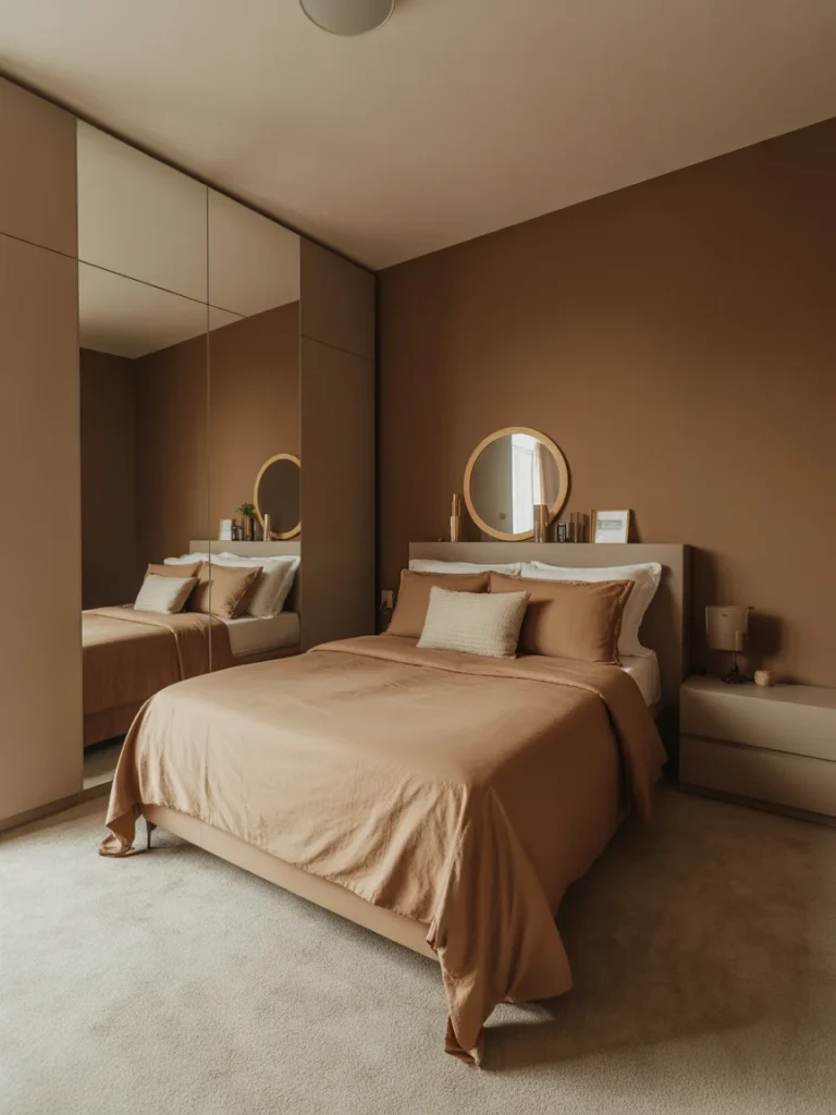 Small brown bedroom with minimalist decor and mirrored wardrobe.