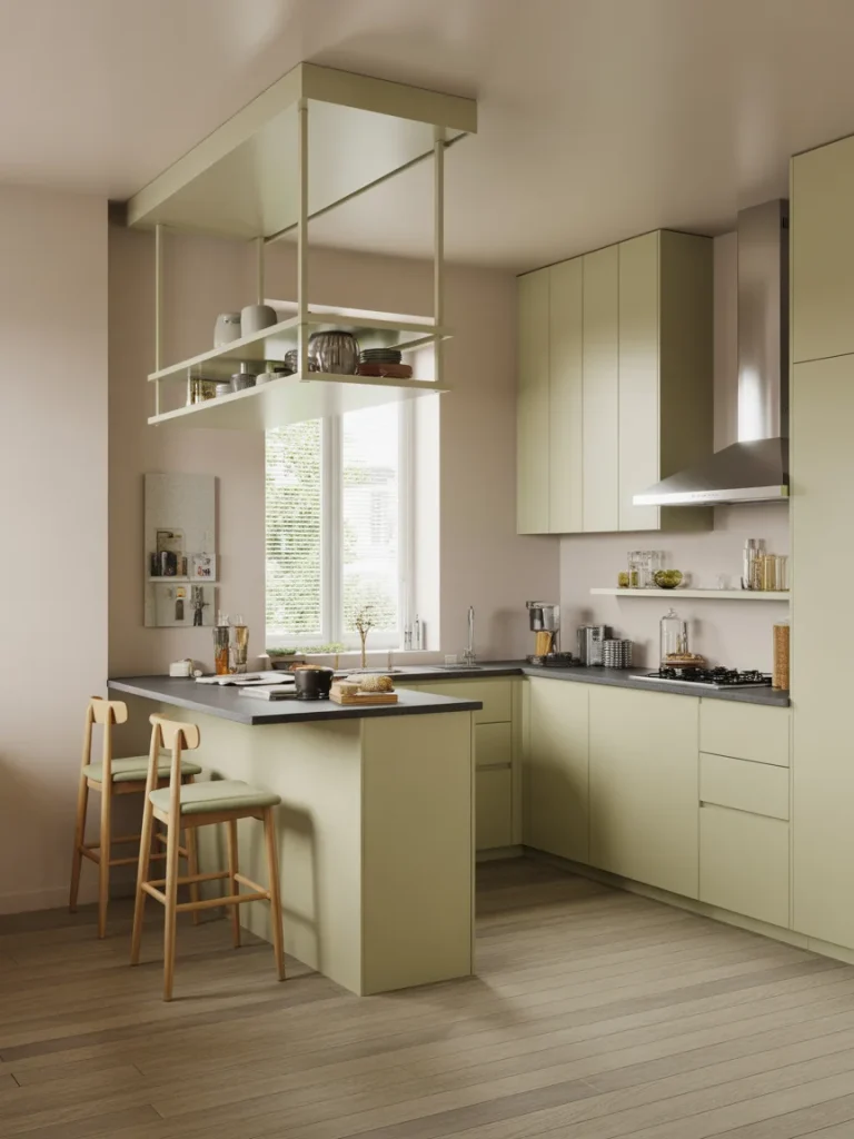 Compact modern kitchen with a space-saving peninsula, open shelving, light green cabinets, and wooden bar stools.