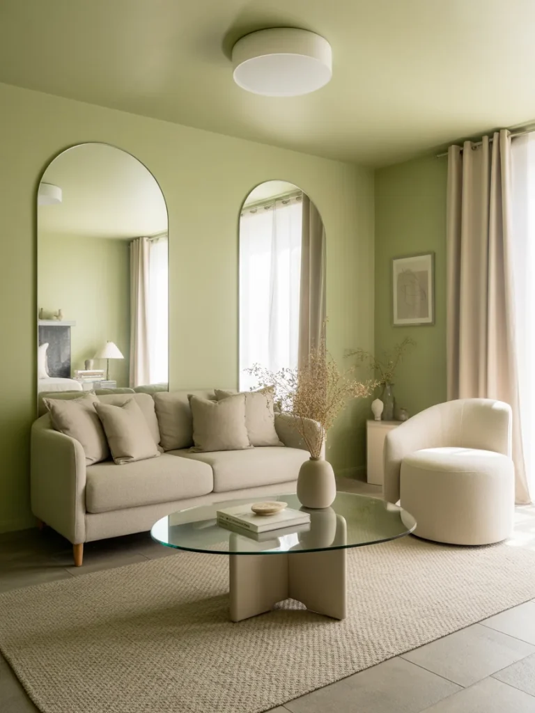 Small sage green living room with neutral furniture and modern decor.