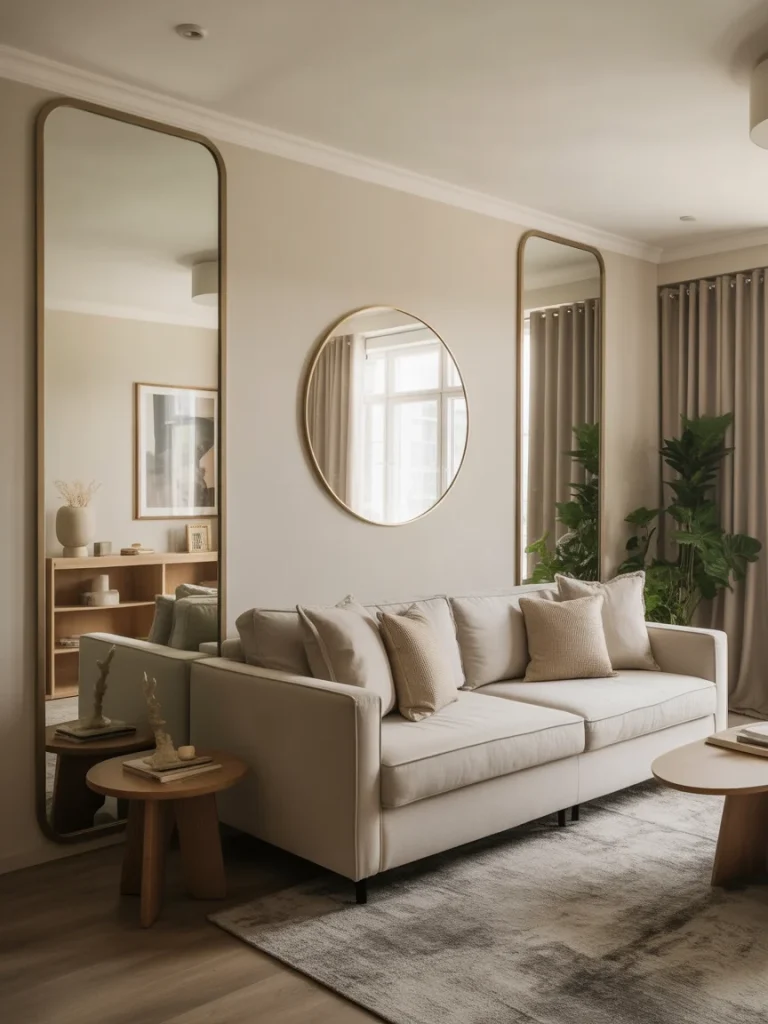 Modern small living room with tall mirrors and neutral-toned decor.