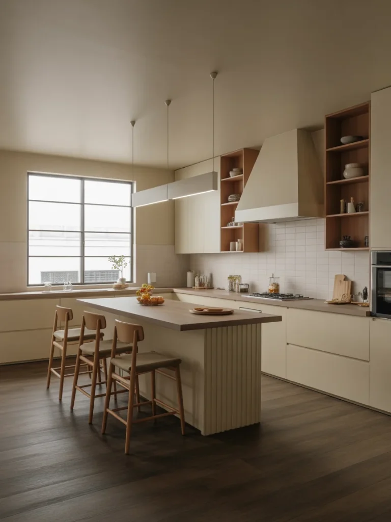 Modern neutral-toned kitchen with a large peninsula-style island, wood accents, and minimalist cabinetry.