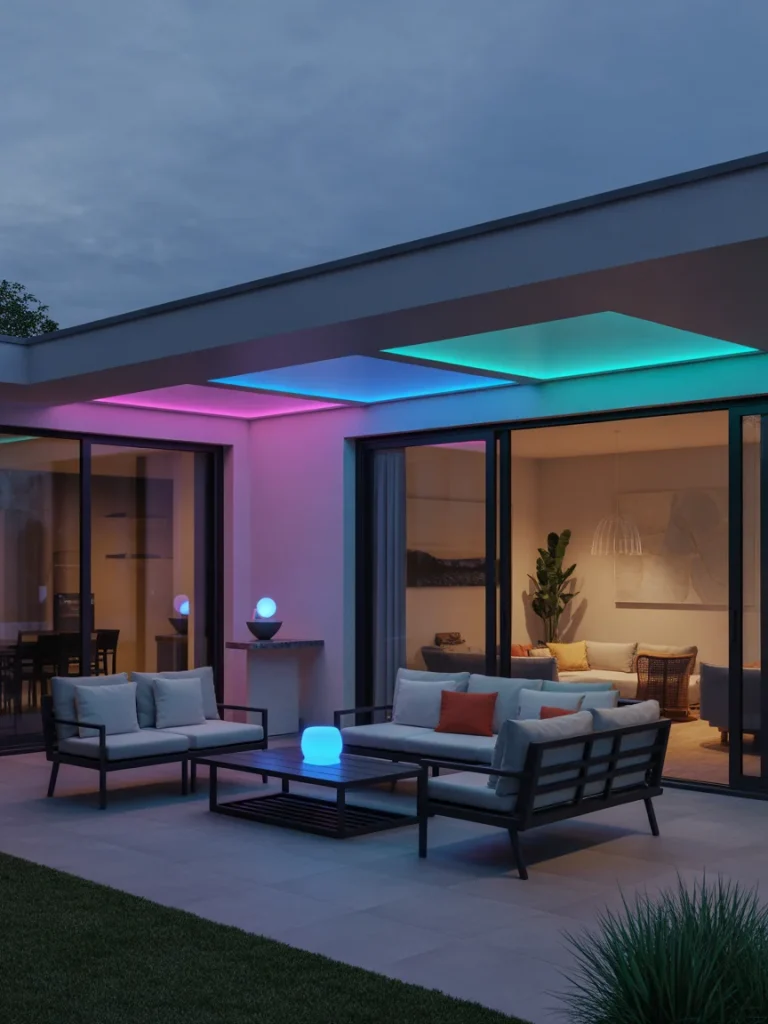 Modern patio with colorful smart outdoor lighting and contemporary seating area.