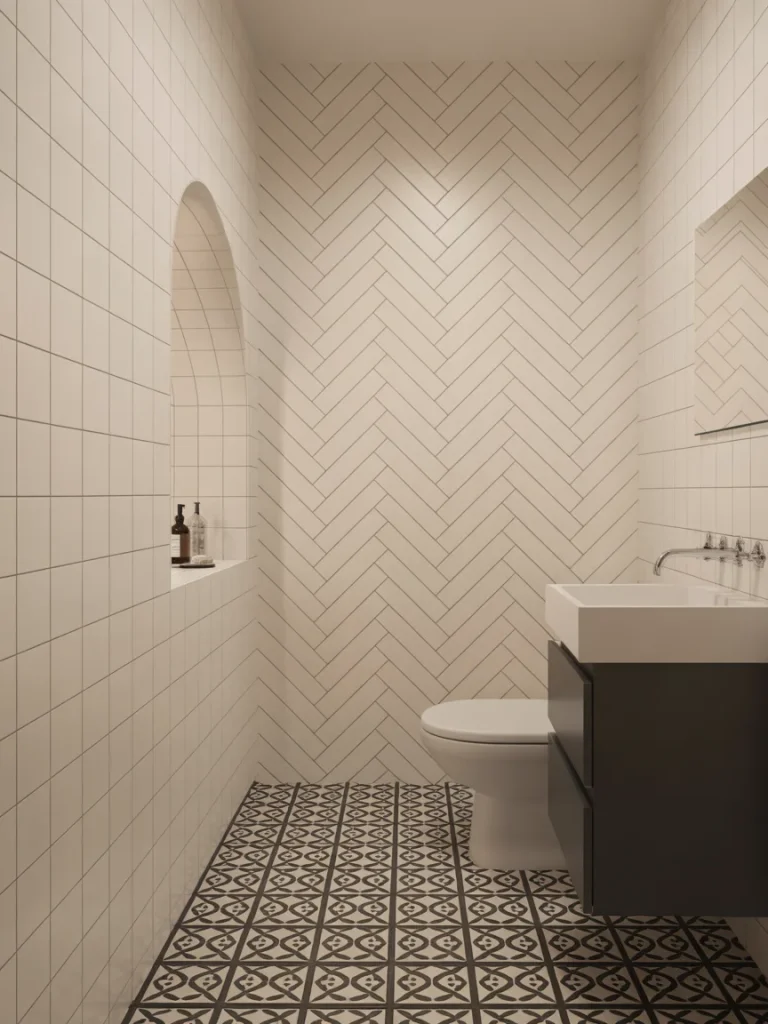 Small bathroom with patterned black-and-white floor tiles and herringbone wall tiles creating visual interest.