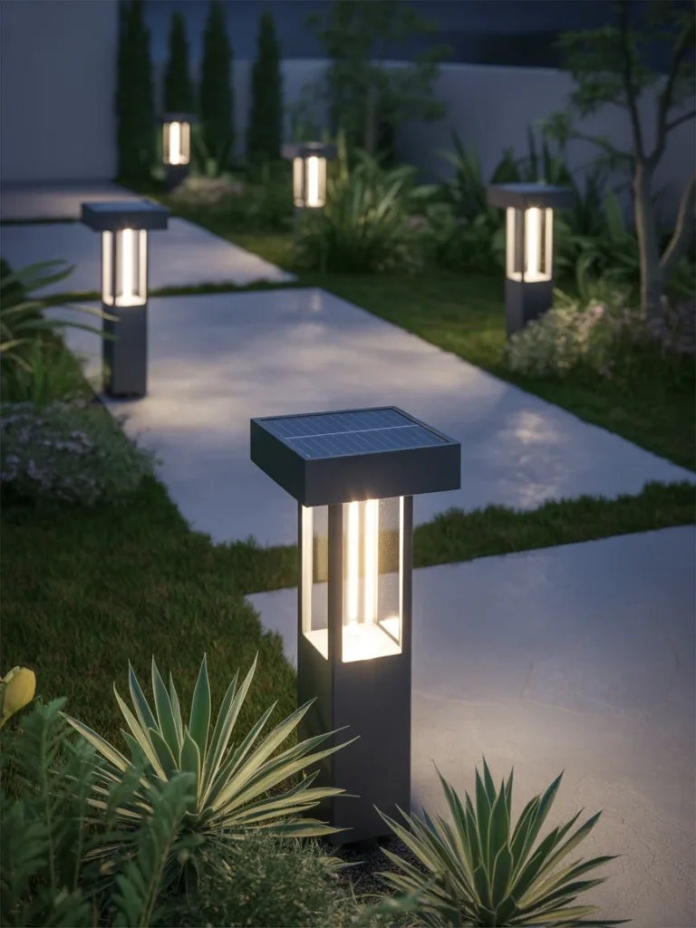 Modern garden pathway illuminated by sleek solar-powered lights at night.