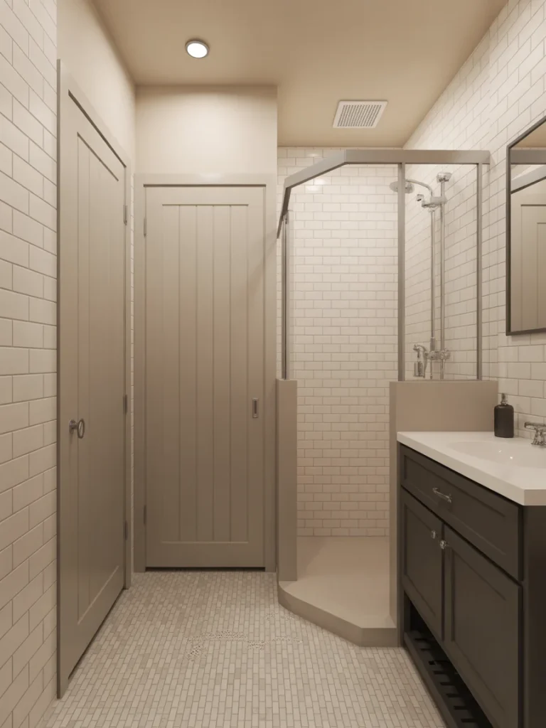 Small bathroom with sliding and compact doors, a corner shower, and neutral tile design for efficient space use.