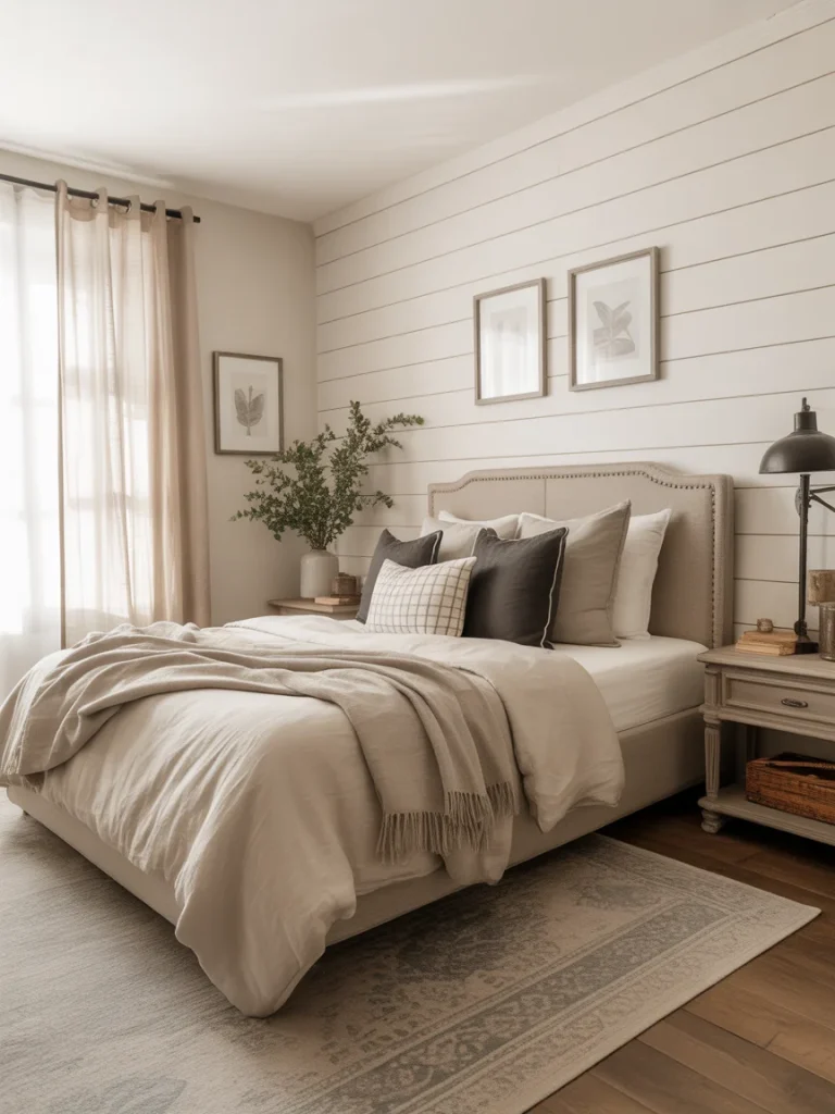 Neutral modern farmhouse bedroom with beige tones and soft natural light.