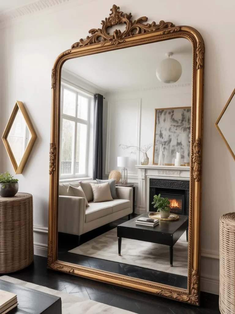 Large gold ornate mirror reflecting an elegant living room with a cozy fireplace.