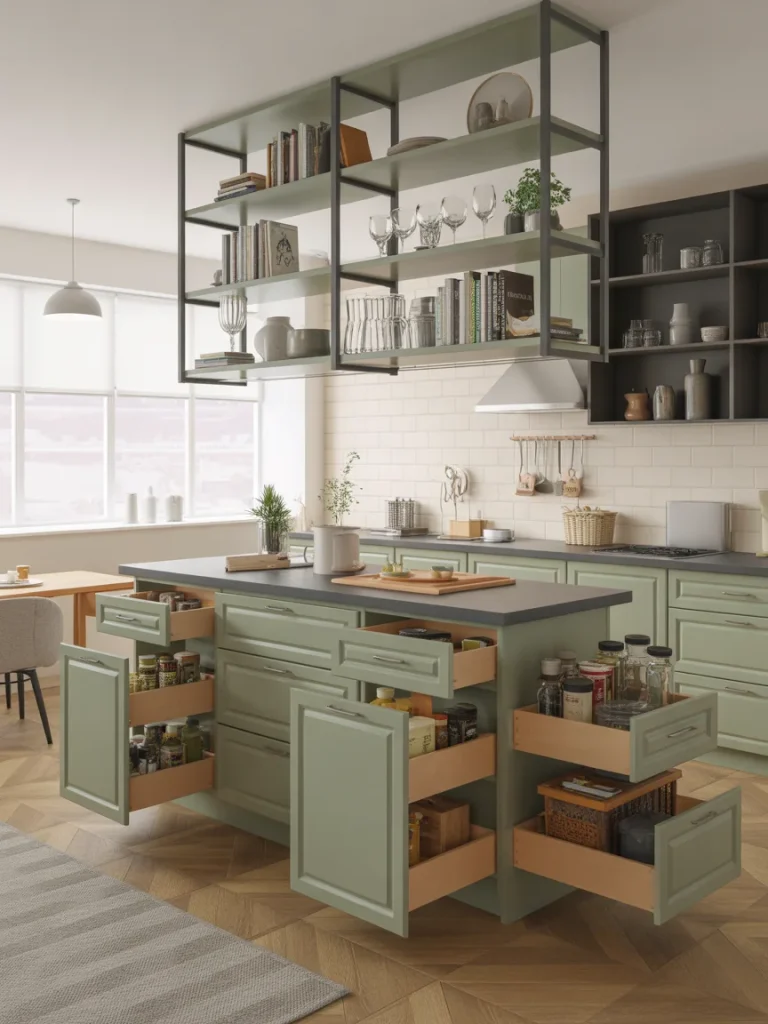 Mint-green kitchen island with multiple open pull-out drawers and overhead shelving for organized storage.