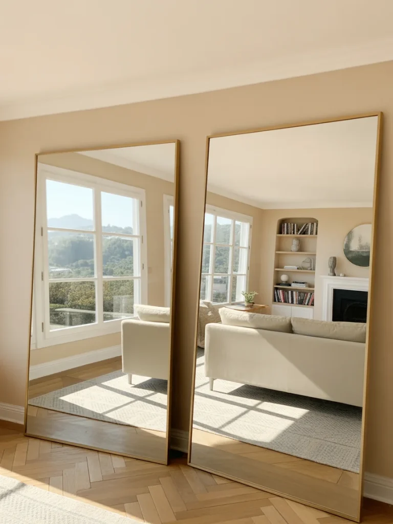 Two large mirrors reflecting natural light in a bright modern living room.