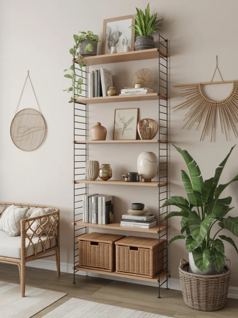 Boho-style shelving unit decorated with plants, woven baskets, ceramics, books, and natural textures in a cozy living room.